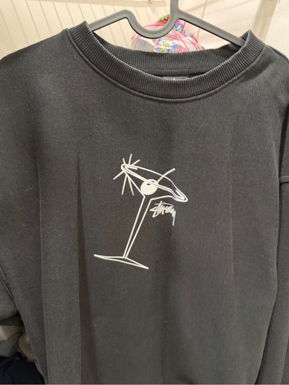 Stussy Black Crewneck Sweatshirt with White Martini Glass Graphic